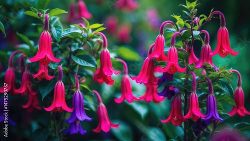 Vivid pink and purple flowers in full bloom captured closely with a rich green background