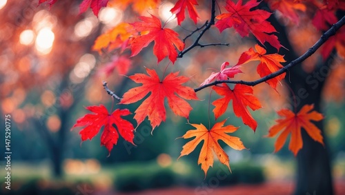 Bright multicolored leaves in autumn on a tree with a blurred environment