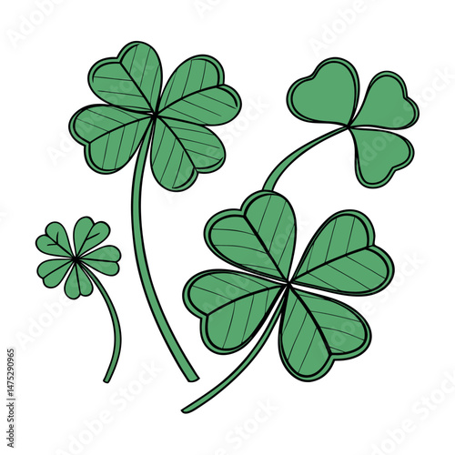 Set of Green Shamrock Clover Leaf in Cartoon and Flat Style St Patrick’s Day Lucky symbol vector collection, isolated on transparent