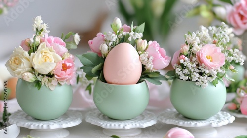 Pastel Pink and White Flowers in Delicate Green Egg Cups for Easter