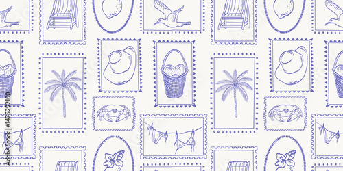 Italian summer seamless pattern. Cute background with whimsical frames. Hand drawn palm tree, lemon, crab, swimsuit, basket with pineapple. Vector geometric print. 