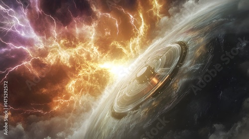 Celestial Phenomenon: Capturing the awe-inspiring vastness and beauty of space, a photorealistic rendering of an alien planet enveloped in a cosmic storm.