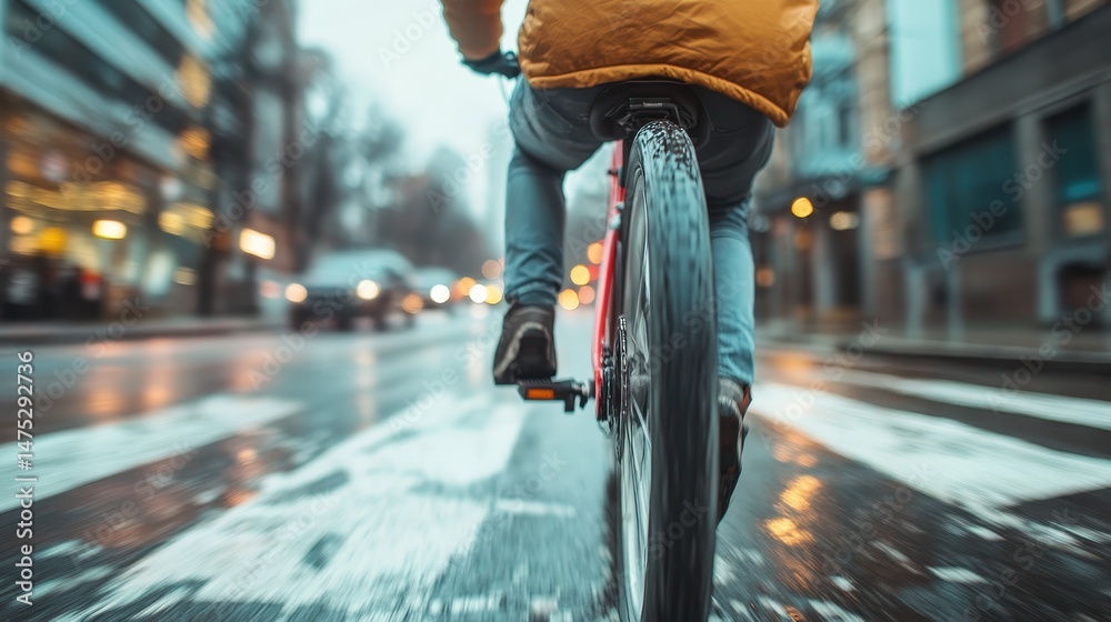 Obraz premium A cyclist rides through a rainy urban street, showcasing blurred surroundings and the effect of speed, capturing the dynamic essence of city life in challenging weather.