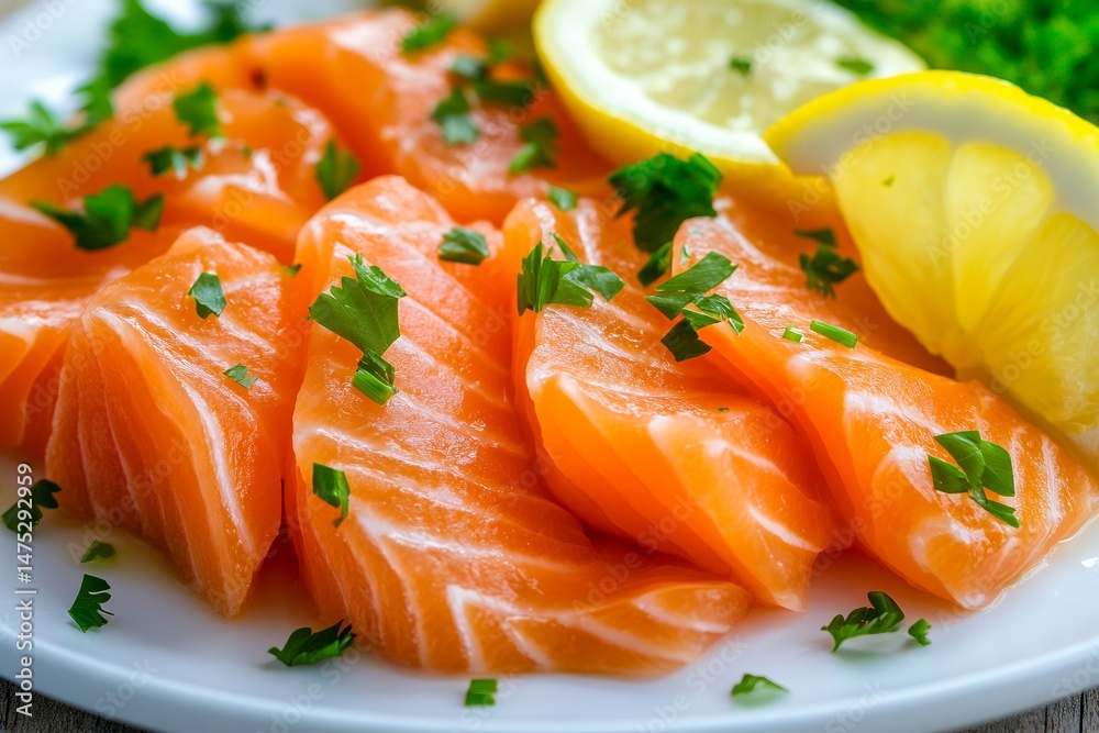 Fresh sliced salmon with lemon and parsley on white plate Fresh sliced salmon with lemon and parsley on white plate
