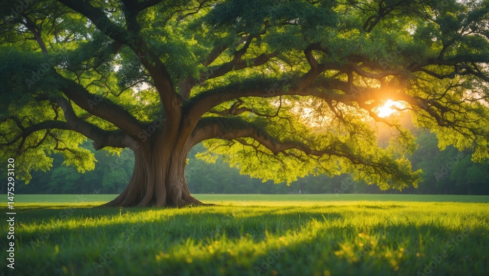 Giant oak with lush green leaves standing alone in a peaceful landscape Giant oak with lush green leaves standing alone in a peaceful landscape