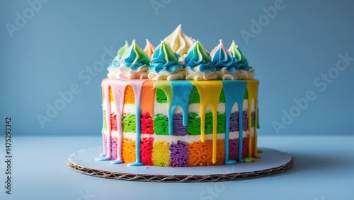 Wallpaper Mural Decorated rainbow cake featuring whipped cream and white chocolate drips against colorful background Torontodigital.ca