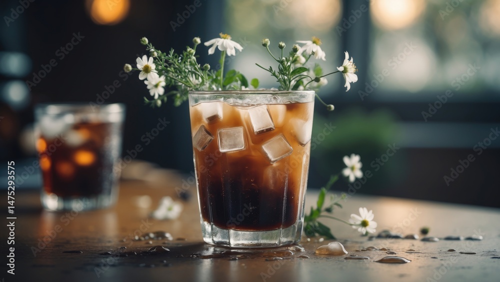 Frozen Americano Drink in a Glass on White Background with Water and Ice Frozen Americano Drink in a Glass on White Background with Water and Ice