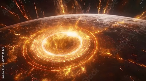 Planet Collision: Fiery cosmic event depicting a planet impacted by a celestial body, creating a ring of fire and intense energy.