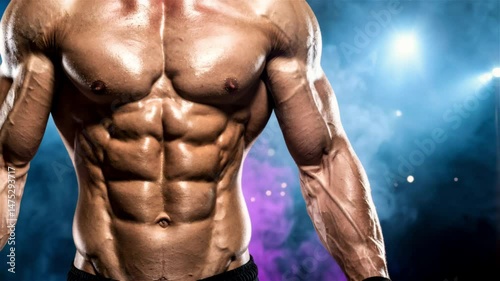 Close up of abdominal muscles on the sporty male.Defined male physique showcases strength and dedication in fitness training.Concept of active lifestyle, exercise, weight loss, bodybuilding.
