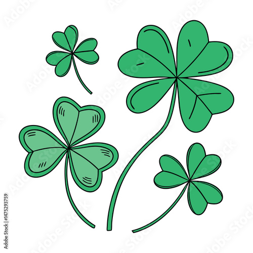 Set of Green Shamrock Clover Leaf in Cartoon and Flat Style St Patrick’s Day Lucky symbol vector collection, isolated on transparent