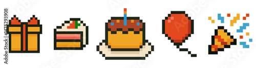 Colorful pixel art set of birthday themed icons including gift box, cake slice, birthday cake with candle, balloon, and party popper. Retro 8 bit style celebration elements perfect for digital design
