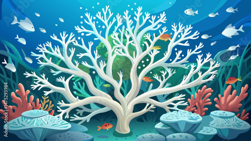 White coral branching out under the sea surrounded by fish