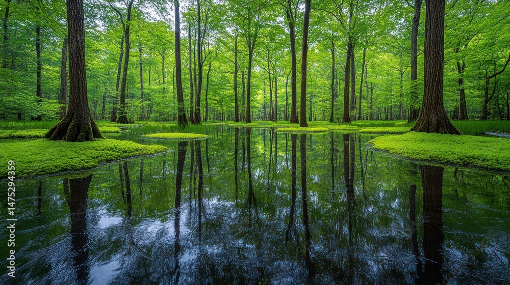 Fototapeta premium Serene swamp forest reflected in still water. Lush green trees line a tranquil marsh