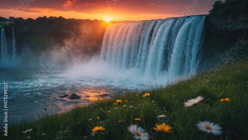 Spectacular view of a vigorous waterfall pouring down with sunset rays and a field of flowers in summer