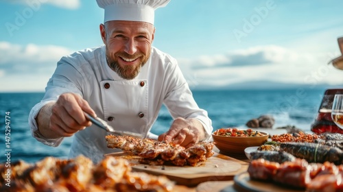 Fototapeta Naklejka Na Ścianę i Meble -  A joyful chef grilling delicious seafood dishes in an outdoor setting by the ocean, celebrating the art of cooking and the beauty of culinary experiences.