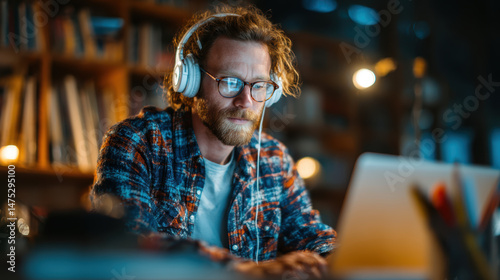 Casual remote worker enjoying productivity playlist while organizing files