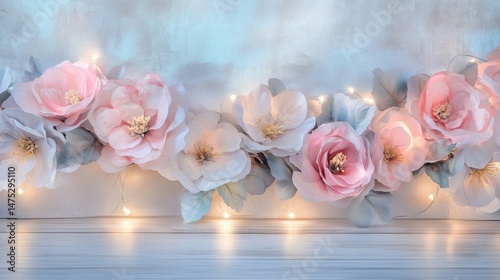 Pink and White Paper Flowers with String Lights on Rustic Wooden Background