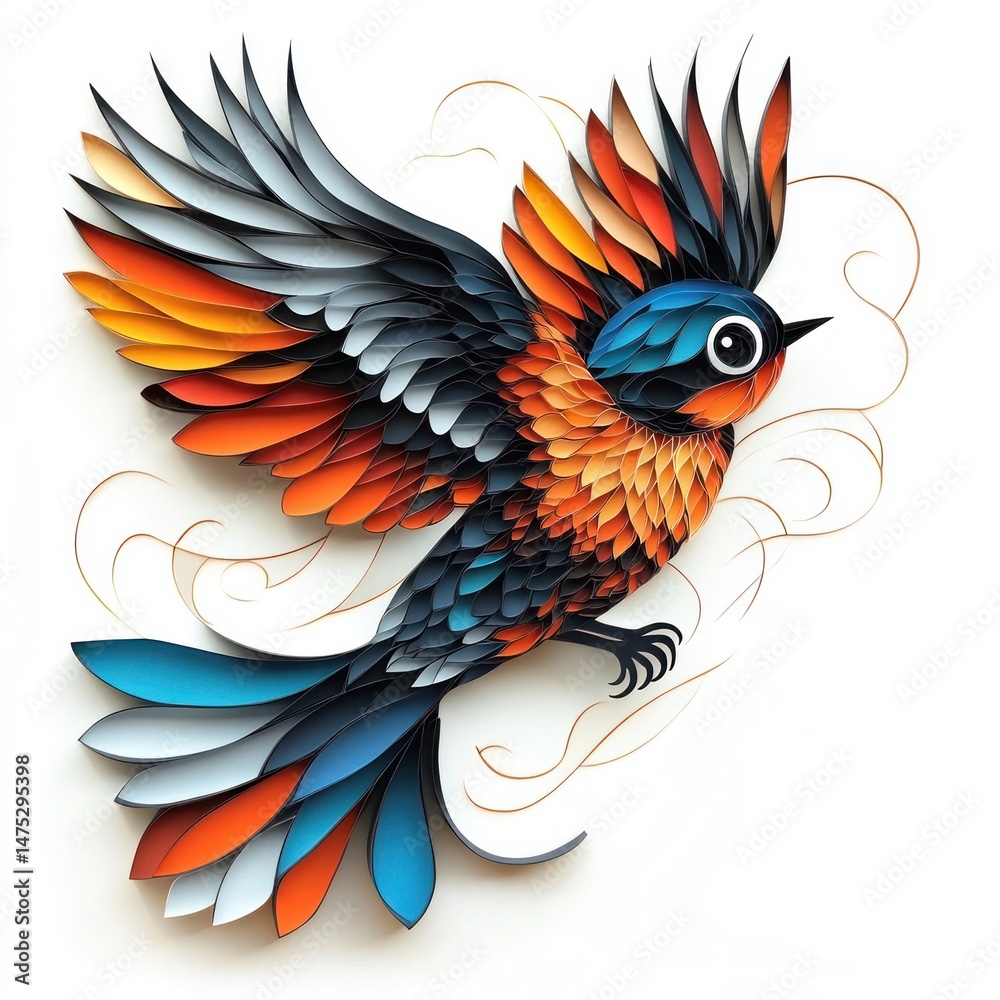 Fototapeta premium Vibrant Mythical Bird with Colorful Feathered Wings in Surreal Digital Fantastical creature in flight with ornamental abstract design elements Captivating creative digital art image