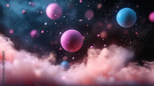 This stunning image features an array of colorful spheres floating against a mysterious background, enhancing the feeling of whimsy and space exploration.