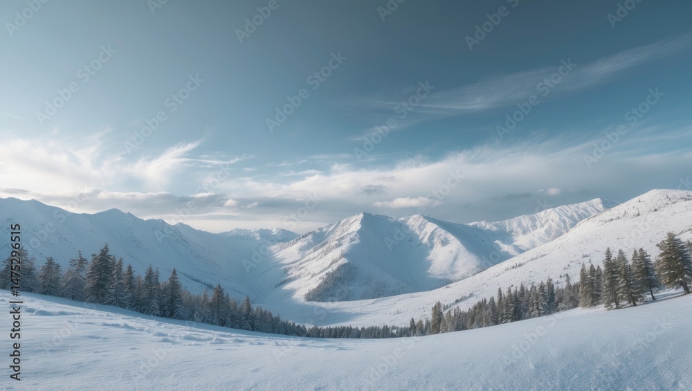 custom made wallpaper toronto digitalSnow-laden mountains surrounded by pine trees under a clear blue sky, presenting a pure winter scene.
