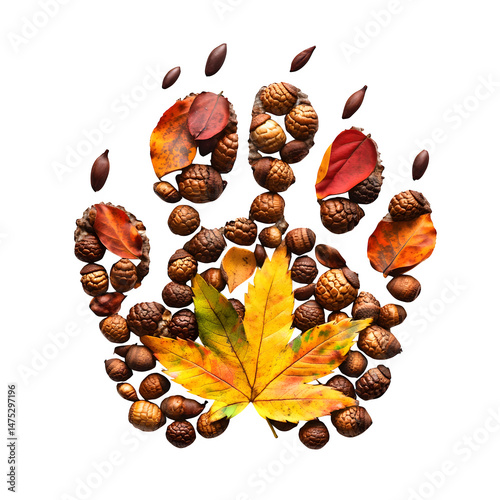 a pet paw design with golden autumn leaves colorful maple leaf isolated on transparent background.