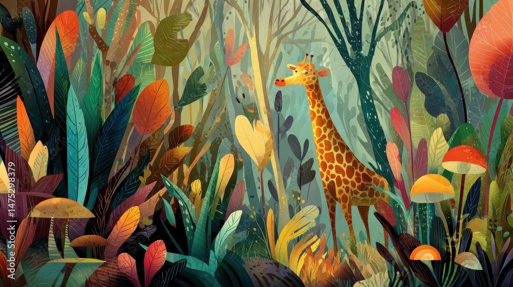 Obraz premium A whimsical giraffe gazes through a vibrant jungle scene.
