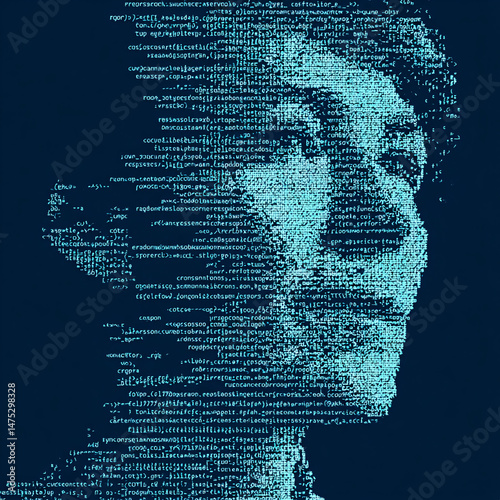 human face made of programming code ascii text digital portrait representing technology identity software development and cyber concept on dark background
