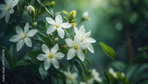 Flowers of blooming star jasmine with leafy background
