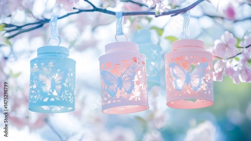 Pastel Lanterns with Butterfly Cutouts Hanging from Blossoming Branches
