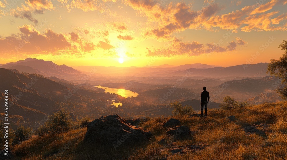 Fototapeta premium A person standing on a hill overlooking a valley at sunset, feeling reflective and calm