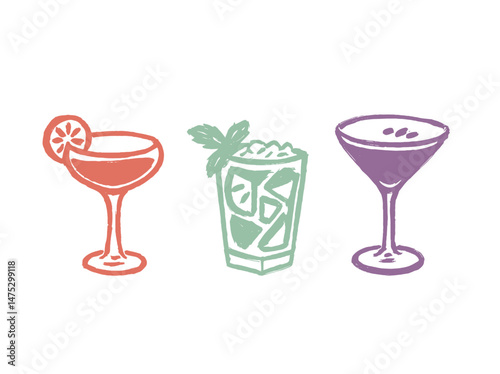 Cocktail glasses set pastel sketch modern vector icon

