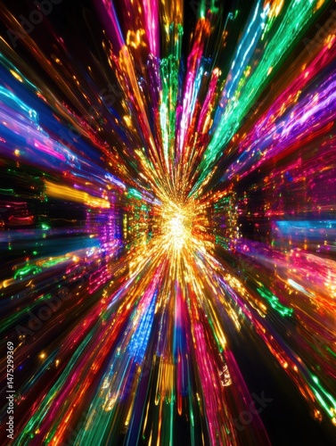 Abstract light streaks radiating from a central point creating a dynamic and vibrant burst of color and energy in a dark space