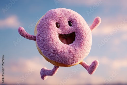 Happy Animated Pink Frosted Donut Character with Sprinkles Jumping Cheerfully