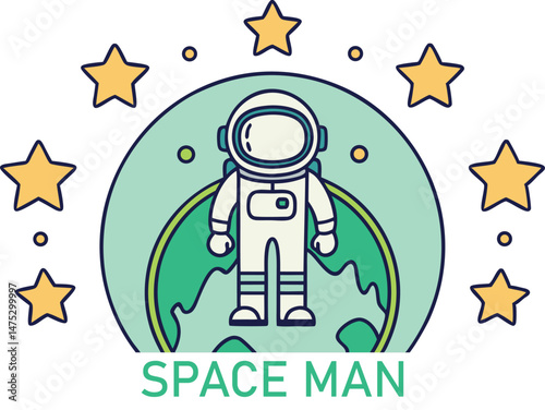 Space Man Character Design with Stars and Planet for Space Enthusiast Illustration Fun Educational Concept for Kids Exploration Imagination and Astronaut Themes
