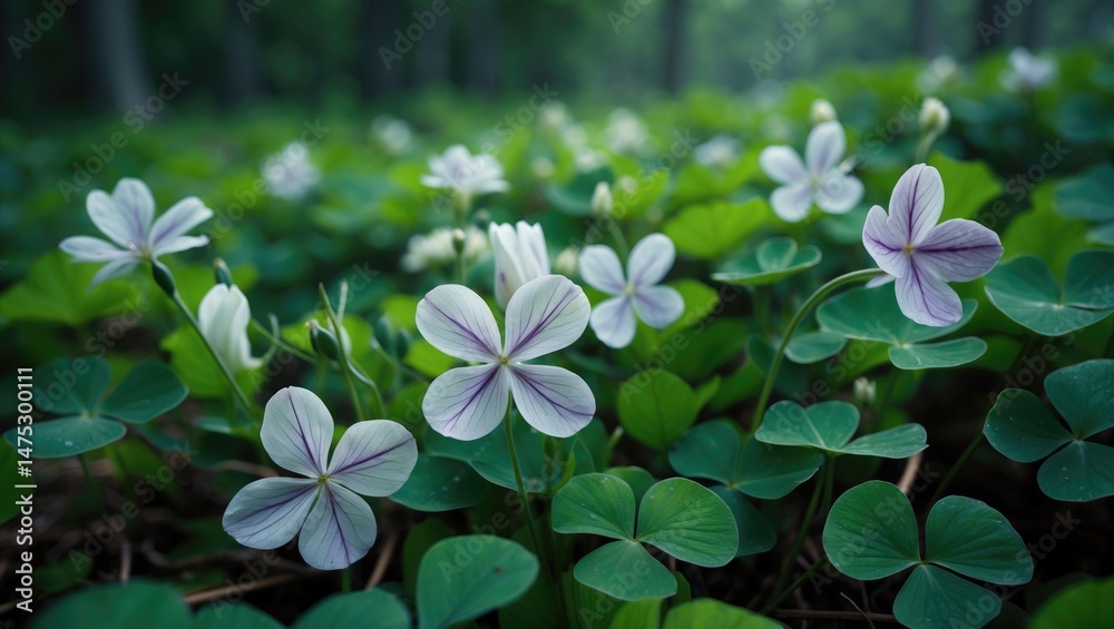 Natural woodland scene with blooming white sour flowers and lush greenery Natural woodland scene with blooming white sour flowers and lush greenery