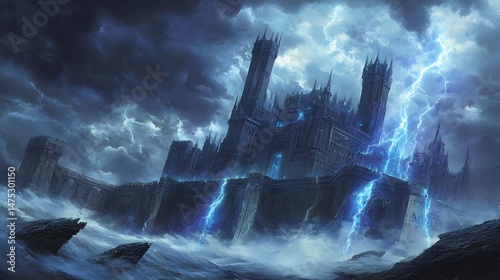 Storm-Wracked Fortress: A colossal fortress, shrouded in a violent thunderstorm, stands defiant amidst the tumultuous elements. Its imposing silhouette is illuminated by fierce lightning strikes.