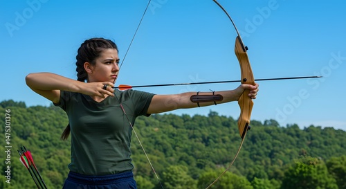 Woman Practicing Archery with Bow and Arrow Outdoors on Summer Day