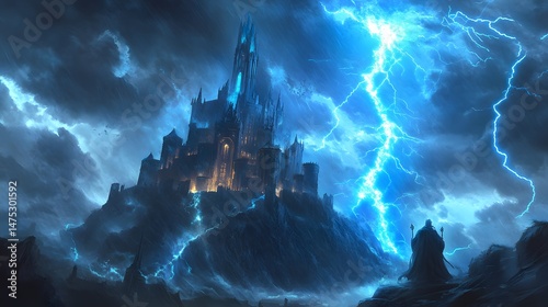 Stormy Castle: A majestic castle stands defiant against a stormy sky, illuminated by flashes of blue lightning. The scene evokes a sense of power and mystery.