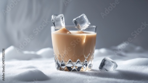 Creamy Irish liquor in a transparent glass on white surface