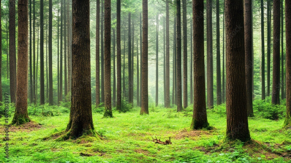 Fototapeta premium Misty Forest with Tall Trees