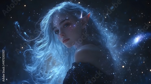 Mystical Starlight: A celestial being with flowing, starlit hair and gentle features gazes with enchanting tranquility in this fantasy-inspired image.