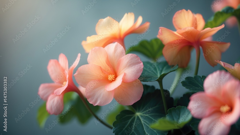 Fototapeta premium Intimate shot of a coral begonia's petals and foliage, emphasizing the floral texture and organic elegance of this tropical plant