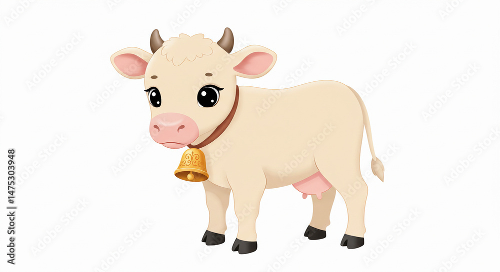 Obraz premium Baby cow with golden bell around neck, white background