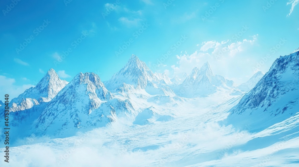 Fototapeta premium A beautiful view of a big snowy mountain range with a blue sky. illustration , no logos, no brands