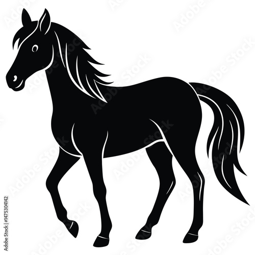 A black vector silhouette illustration depicts a wild mustang stallion running, its mane and tail flowing