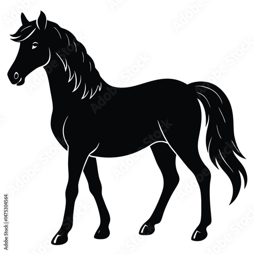 A black vector illustration depicts a running horse silhouette, an equine animal with a flowing mane and tail
