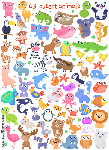 Set of cute cartoon animals. Vector illustration.