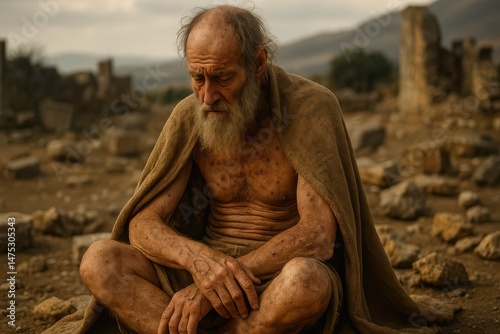 This realistic, high-quality image depicts Job, a biblical character known for his unwavering faith despite profound suffering and loss. The scene captures Job in contemplation.