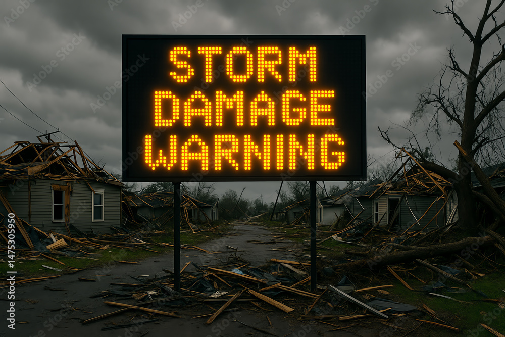 Naklejka premium A digital warning sign displays 'Storm Damage Warning' amid a backdrop of devastation. The image captures the urgency of weather-related dangers and effects on communities.