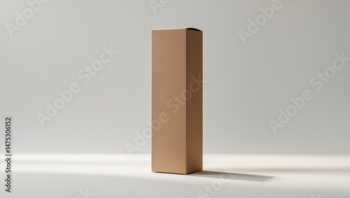 White background display of a tall, empty cardboard box with packaging template design